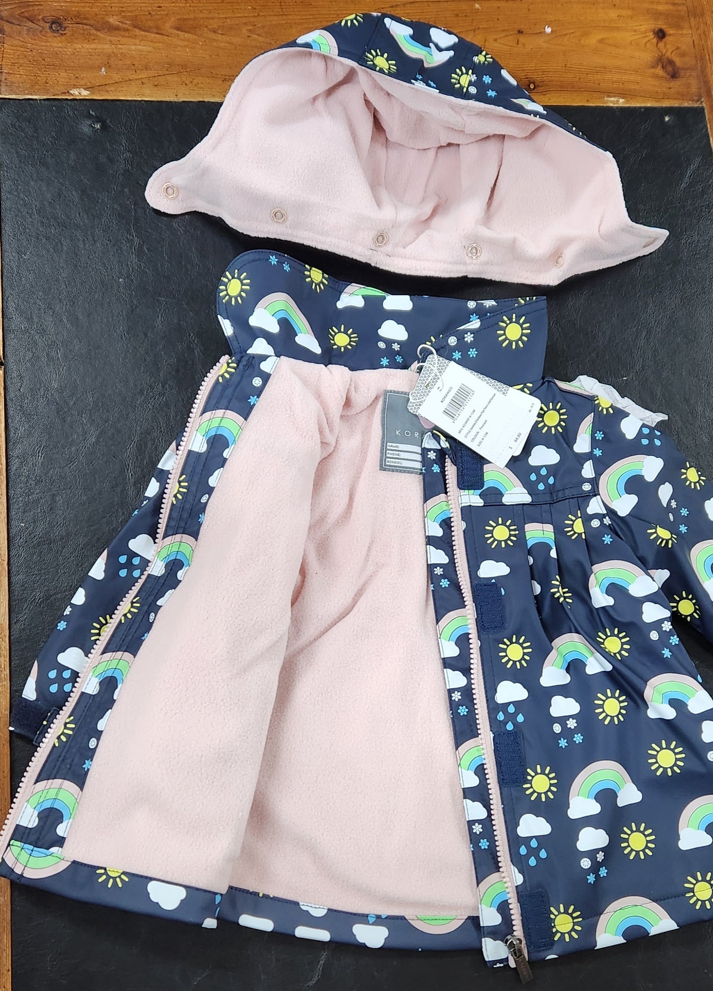 Korango Sunshine & Rainbows Polar Fleece Lined Raincoat Peacoat Baby