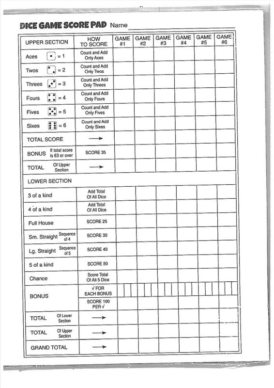 Dice Game Score Pads