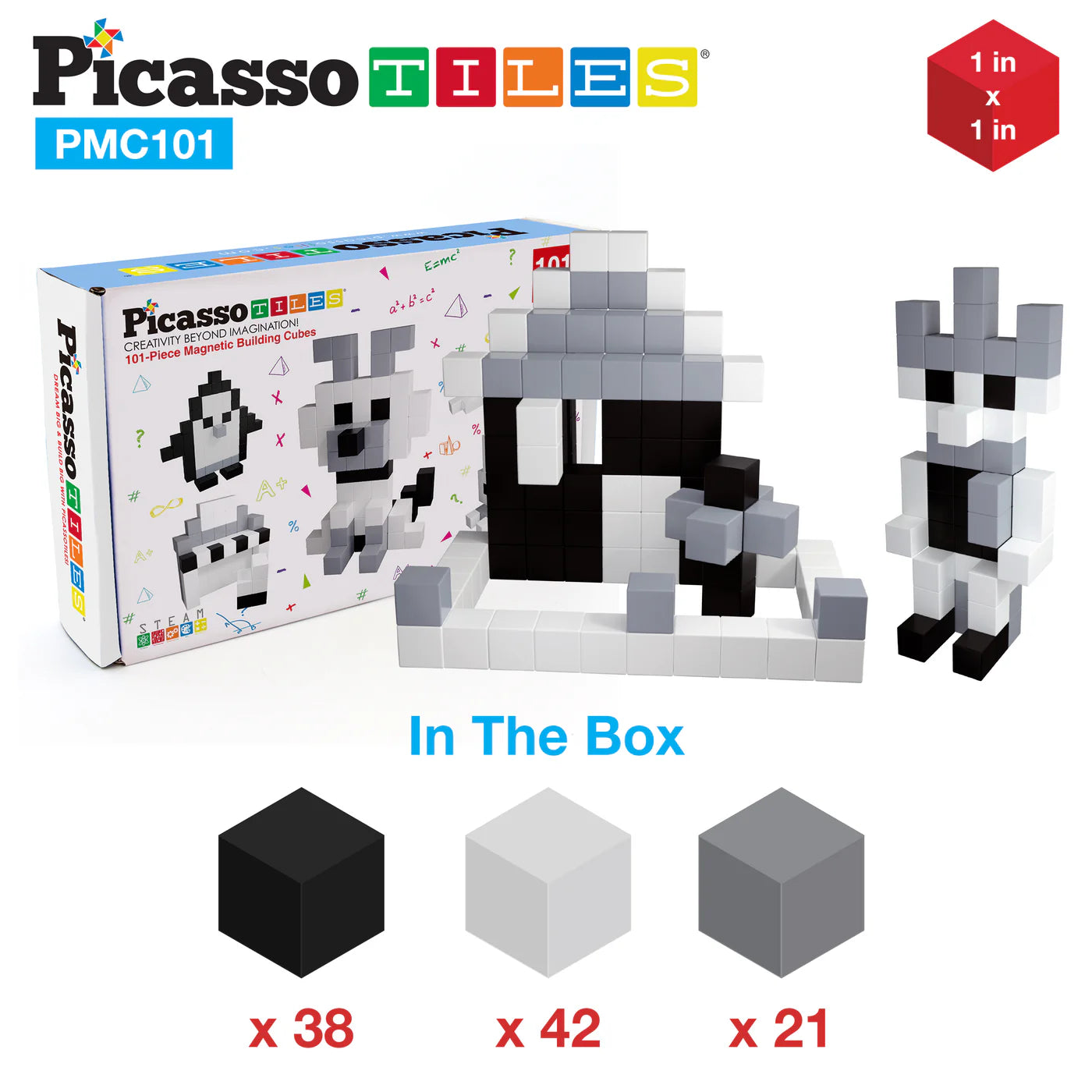 PicassoTiles - 101pcs Magnetic Puzzle Cube Set - Black and White
