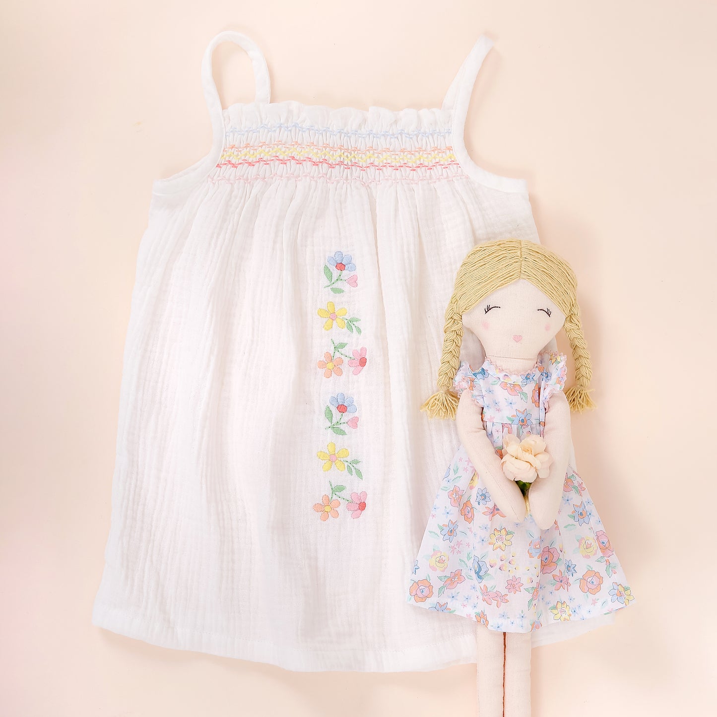 Albetta - Off White Muslin Embroidered Shirred Dress