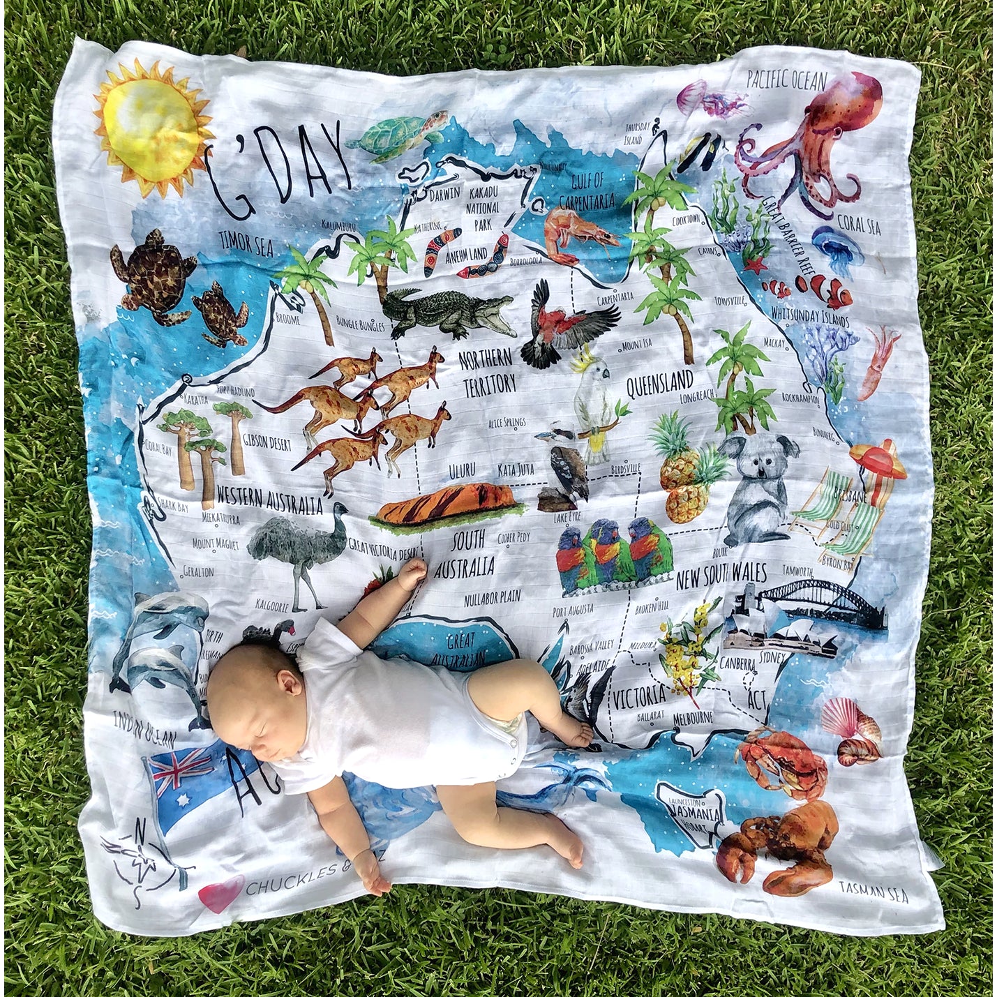 Chuckles & Caz - Muslin Swaddle Australian Watercolour Map