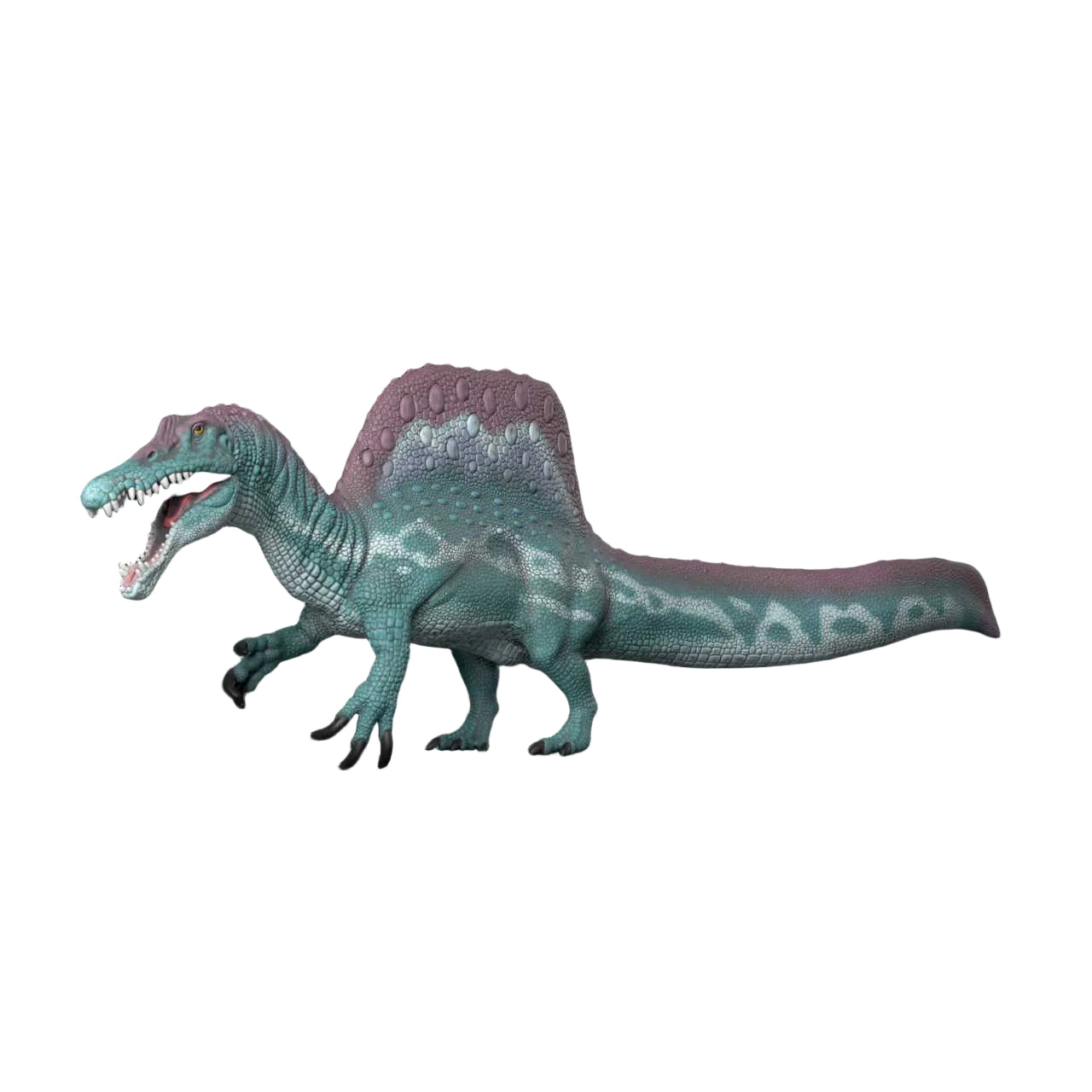 A toy model of a Spinosaurus dinosaur, featuring a textured teal-green body with pale blue patterns, a purple back sail, and an open mouth showing white teeth, isolated on a solid black background.