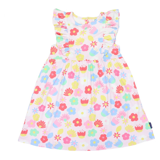 Korango - Flower Print Cotton Stretch Frill Dress Pink