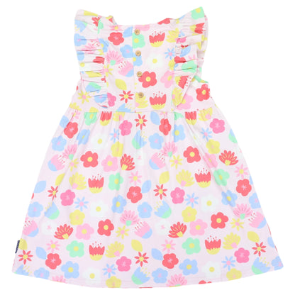 Korango - Flower Print Cotton Stretch Frill Dress Pink