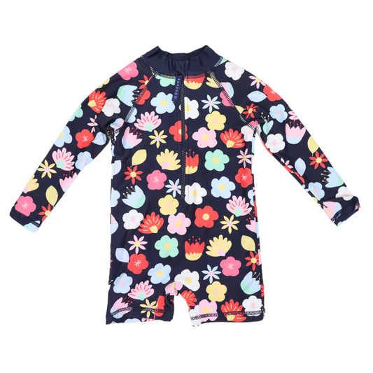 Korango - Flower long Sleeve Zip Swim Sunsuit - Navy