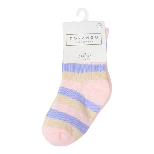 Ribbed Socks 5pk Plain with Pink