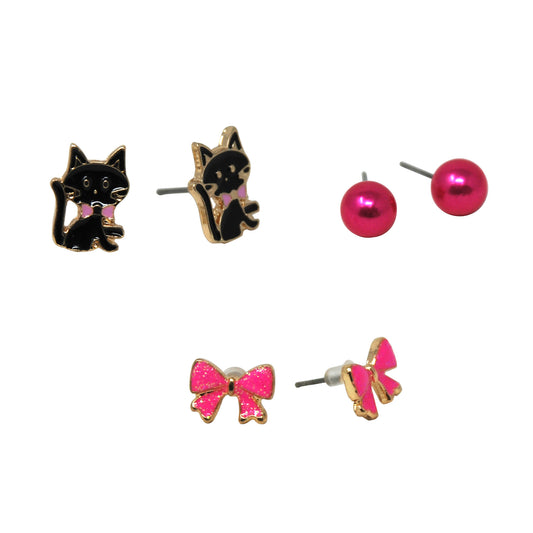 Pink Poppy - Kittens & Bows Earring set of 3