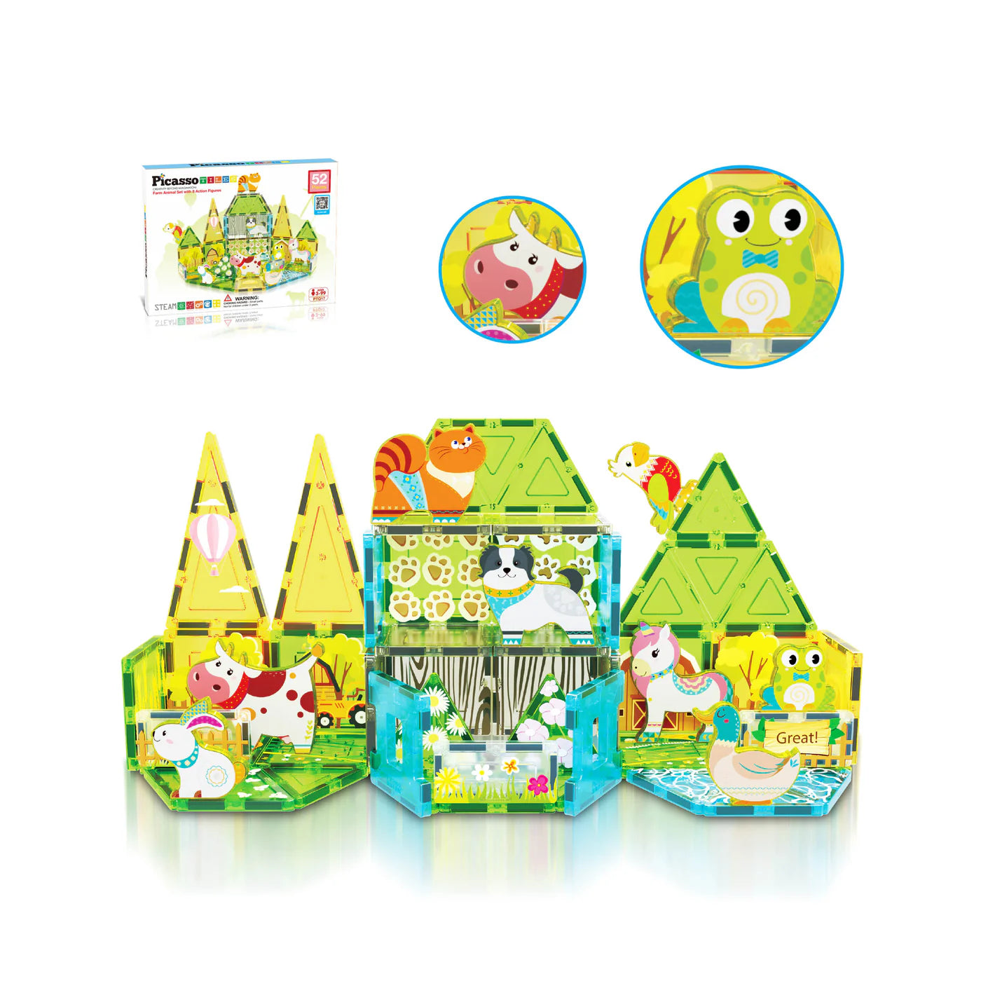 PicassoTiles - Farm Animal Magnet Tile Building Blocks with Magnetic Characters