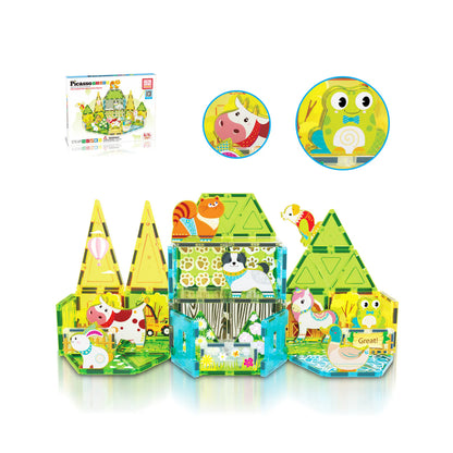 PicassoTiles - Farm Animal Magnet Tile Building Blocks with Magnetic Characters