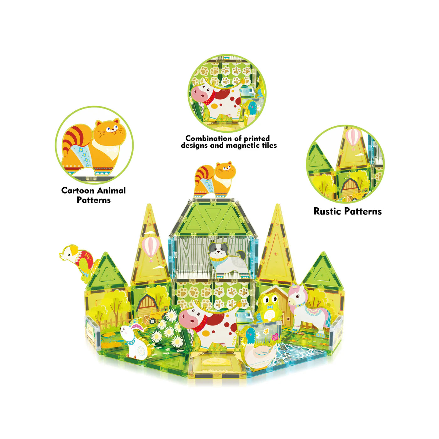PicassoTiles - Farm Animal Magnet Tile Building Blocks with Magnetic Characters