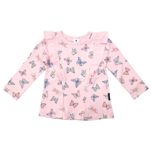 Korango - Butterfly Print Tee with Frill - Fairy-tale Pink