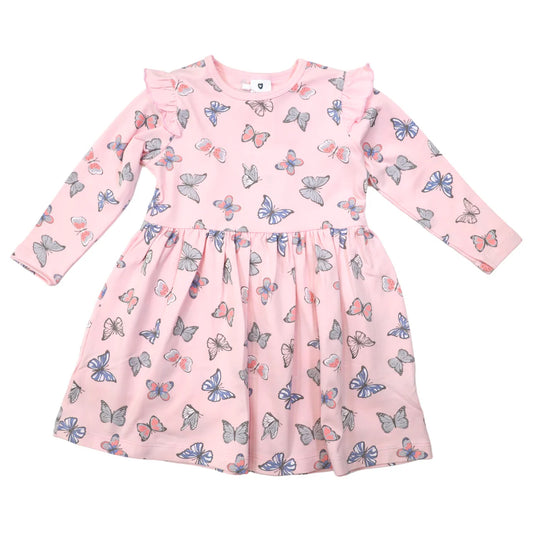 Korango - Butterfly Print Long Sleeve Dress - Fairy Pink