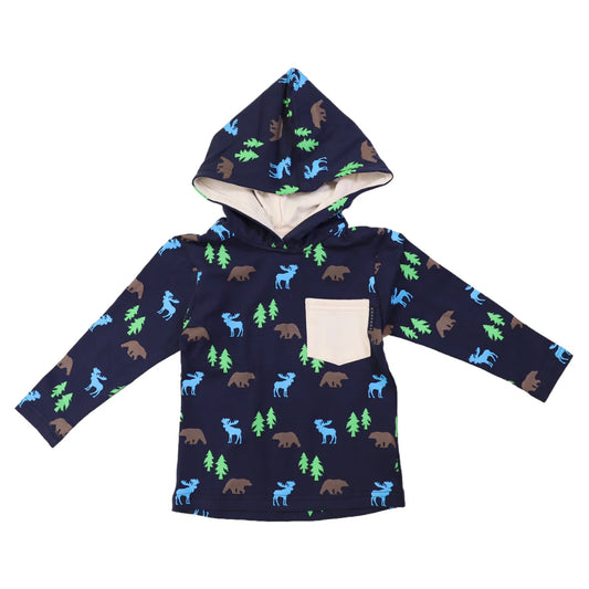 Korango - Bear Print Long Sleeve Hooded Tee - Peacoat