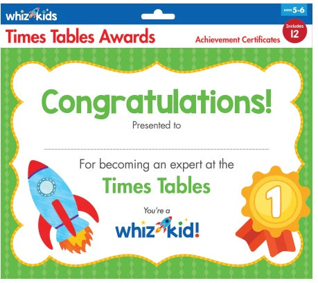 Whiz Kids Times Tables Awards Certificates -12 pack