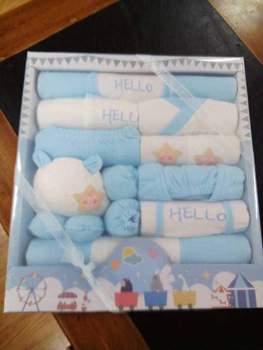 Blue Cotton Animal Printed Long Sleeved Newborn Clothing - Gift Box Set