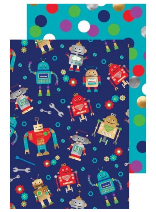 Gift Wrap- Robots/Turquoise with colourful spots