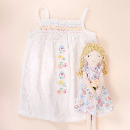 Albetta- Off White Muslin Embroidered Shirred Dress