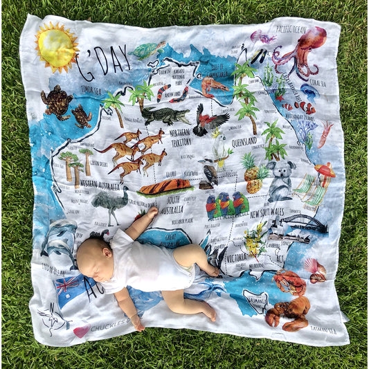 Chuckles & Caz - Muslin Swaddle Australian Watercolour Map